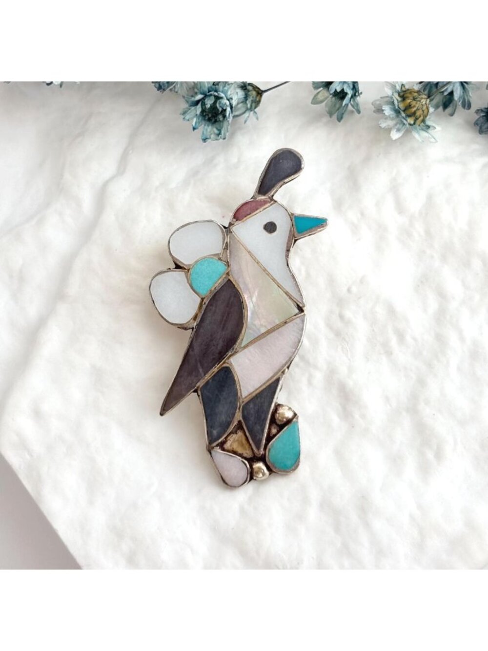 Zuni Native American Quail Sterling Silver Multi Gemstone 925 Vintage Brooch